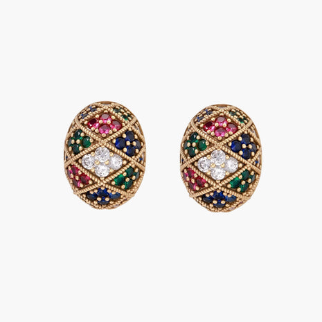 Oval gold-plated stud earrings with multicolor zirconia stones in geometric mosaic pattern