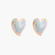 Heart-shaped stud earrings with swirled turquoise and pink enamel in gold-plated frames on cream background
