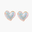 Heart-shaped stud earrings with swirled turquoise and pink enamel in gold-plated frames on cream background