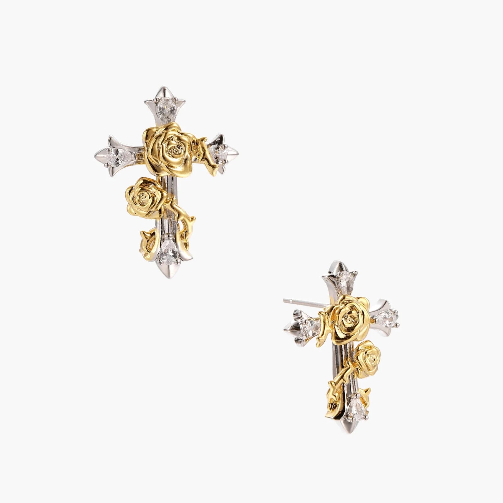 Two-tone cross earrings with gold roses and clear crystals on silver base, gothic romantic style