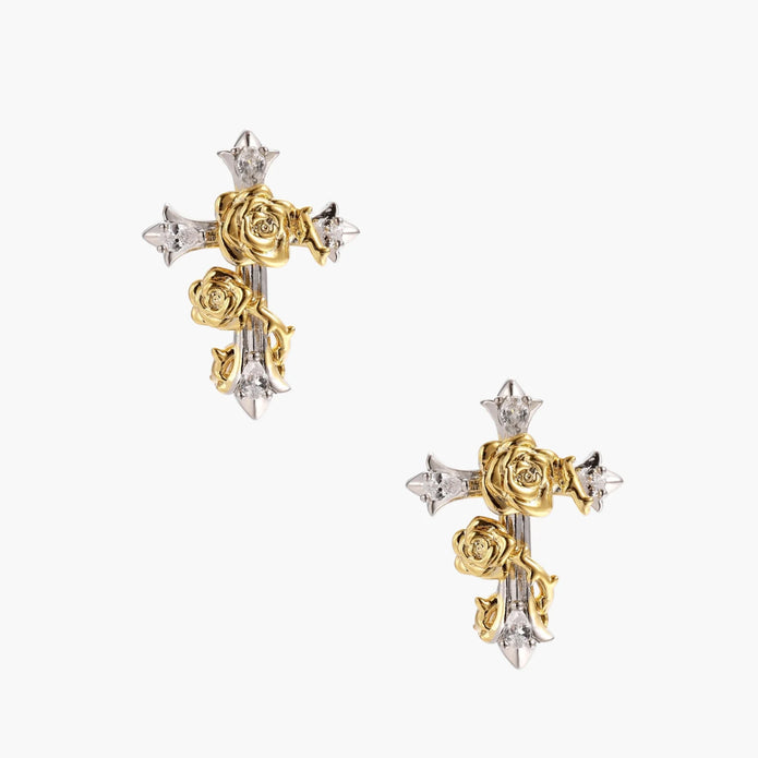 Two-tone cross earrings with gold roses and clear crystals on silver base, gothic romantic style
