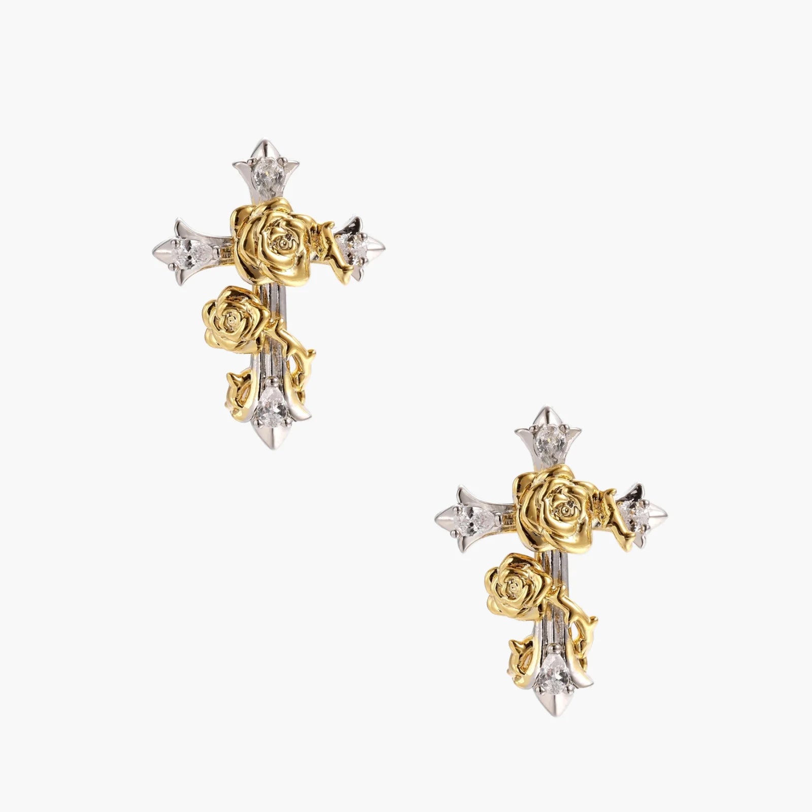 Two-tone cross earrings with gold roses and clear crystals on silver base, gothic romantic style