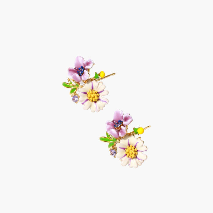 Cluster-style stud earrings with purple pansies, white daisies, yellow centers, and green leaves in glossy enamel finish