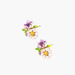 Cluster-style stud earrings with purple pansies, white daisies, yellow centers, and green leaves in glossy enamel finish