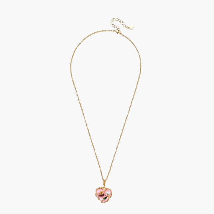 Heart-shaped pendant with pink enamel, rose design, freshwater pearl flower, and gold scalloped frame on delicate chain