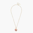 Heart-shaped pendant with pink enamel, rose design, freshwater pearl flower, and gold scalloped frame on delicate chain