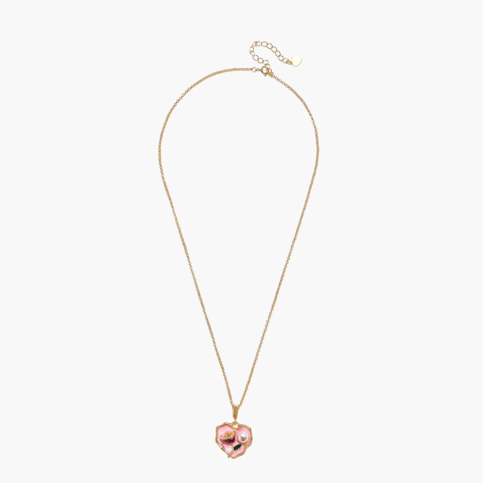 Heart-shaped pendant with pink enamel, rose design, freshwater pearl flower, and gold scalloped frame on delicate chain