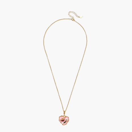 Heart-shaped pendant with pink enamel, rose design, freshwater pearl flower, and gold scalloped frame on delicate chain