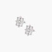 Ornate sterling silver stud earrings with mandala-inspired filigree pattern and four freshwater pearls on beige background