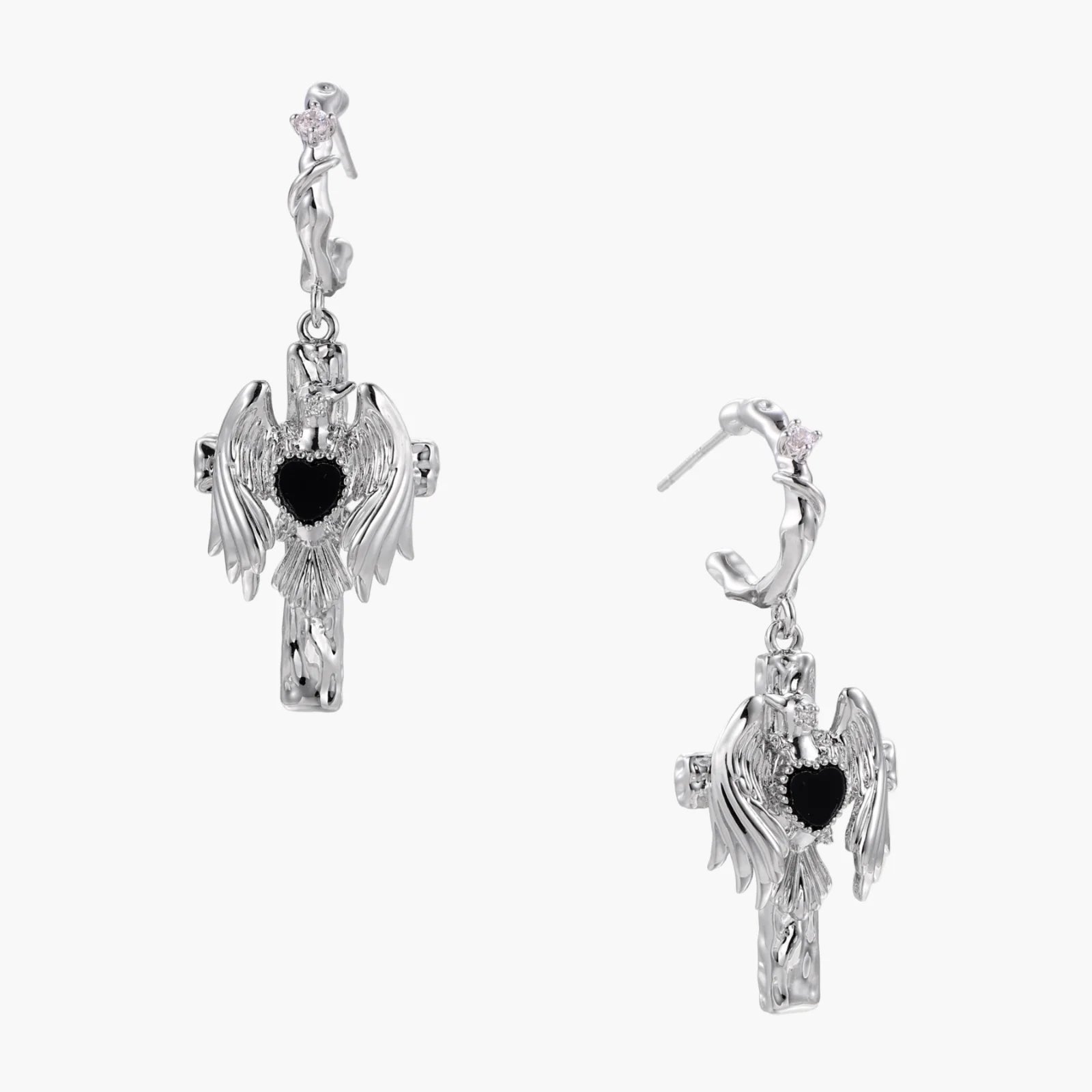 Silver-toned drop earrings with angel wings framing a black heart-shaped stone, white gold plated brass with S925 posts