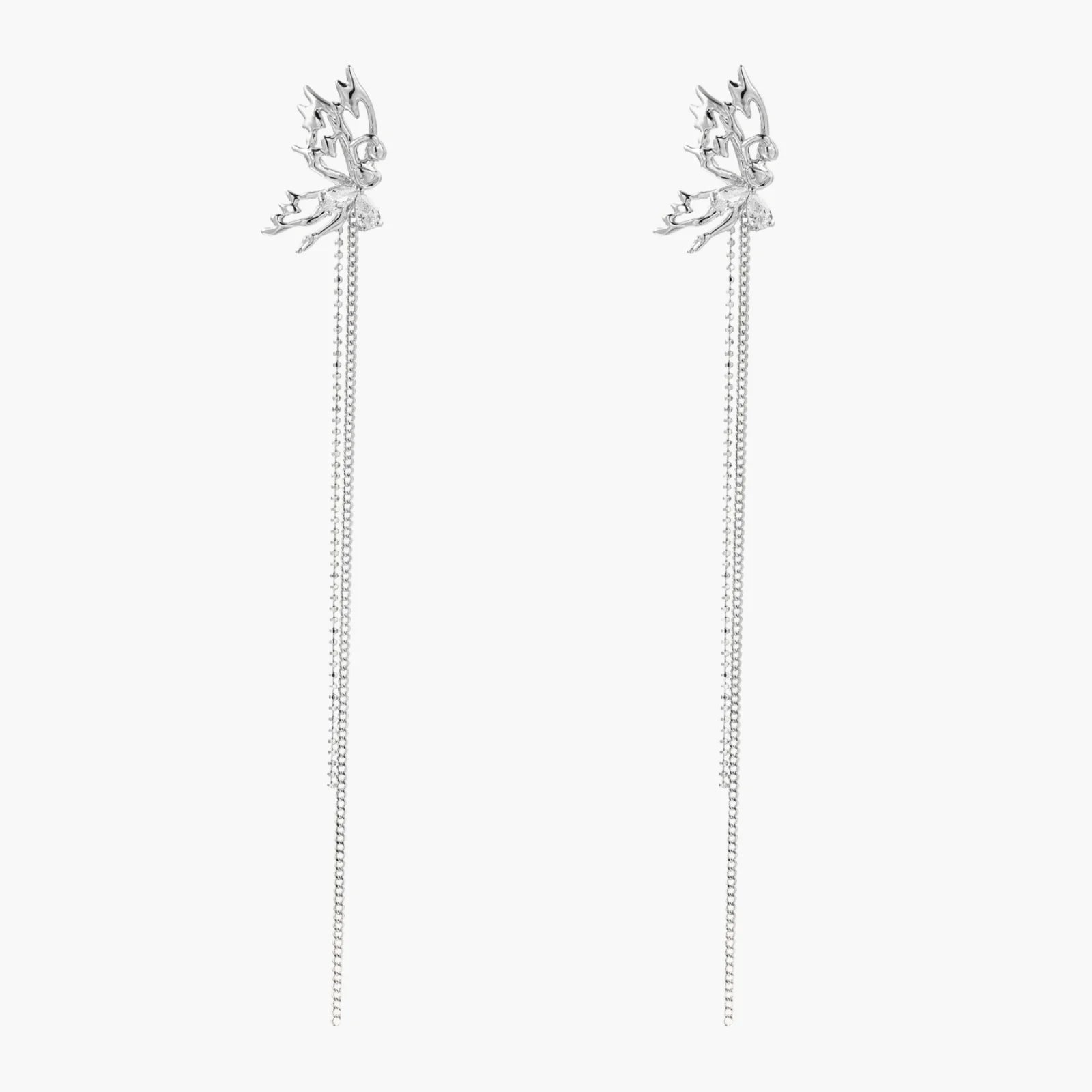 Silver-toned threader earrings featuring detailed fairy figure with wings and dual delicate chain strands, zirconia accents