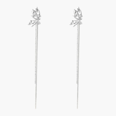 Silver-toned threader earrings featuring detailed fairy figure with wings and dual delicate chain strands, zirconia accents