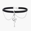 Black leather choker with white gold-plated serpent pendant adorned with zirconia crystals and teardrop charm