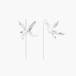 Delicate sterling silver dragonfly earrings with textured wings and curved threader hooks on white background