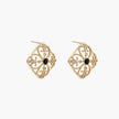 Gold filigree stud earrings with navy lapis lazuli center stone and mother-of-pearl accents in ornate quatrefoil design