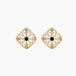 Gold filigree stud earrings with navy lapis lazuli center stone and mother-of-pearl accents in ornate quatrefoil design