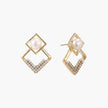 Gold-plated double square frame earrings with freshwater pearl and crystal accents on white background