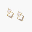 Gold-plated double square frame earrings with freshwater pearl and crystal accents on white background