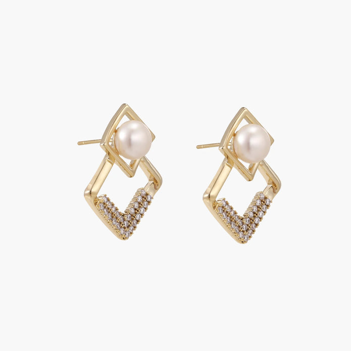 Gold-plated double square frame earrings with freshwater pearl and crystal accents on white background