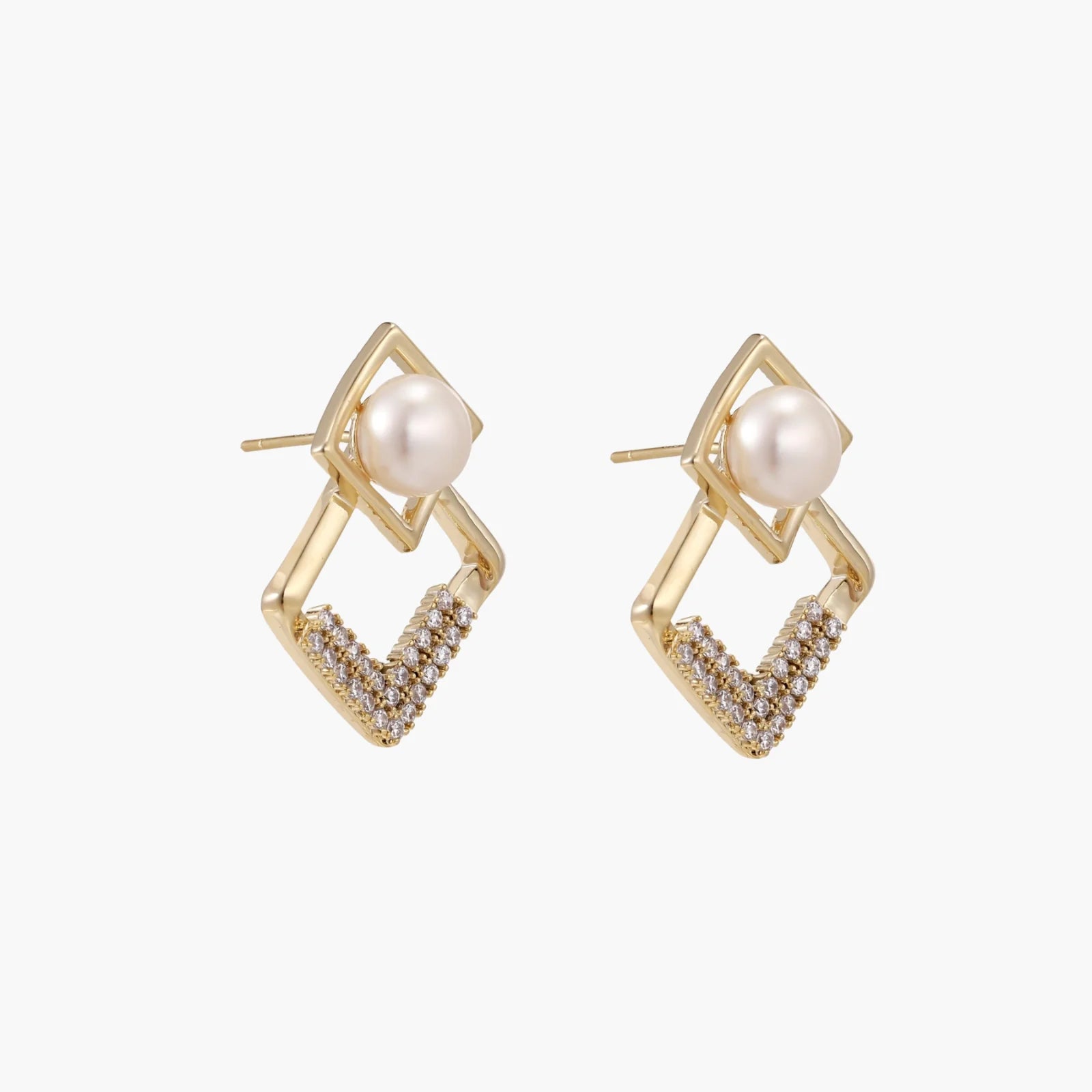 Gold-plated double square frame earrings with freshwater pearl and crystal accents on white background