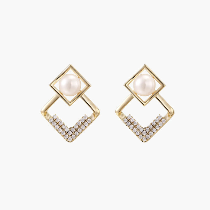 Gold-plated double square frame earrings with freshwater pearl and crystal accents on white background