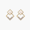 Gold-plated double square frame earrings with freshwater pearl and crystal accents on white background