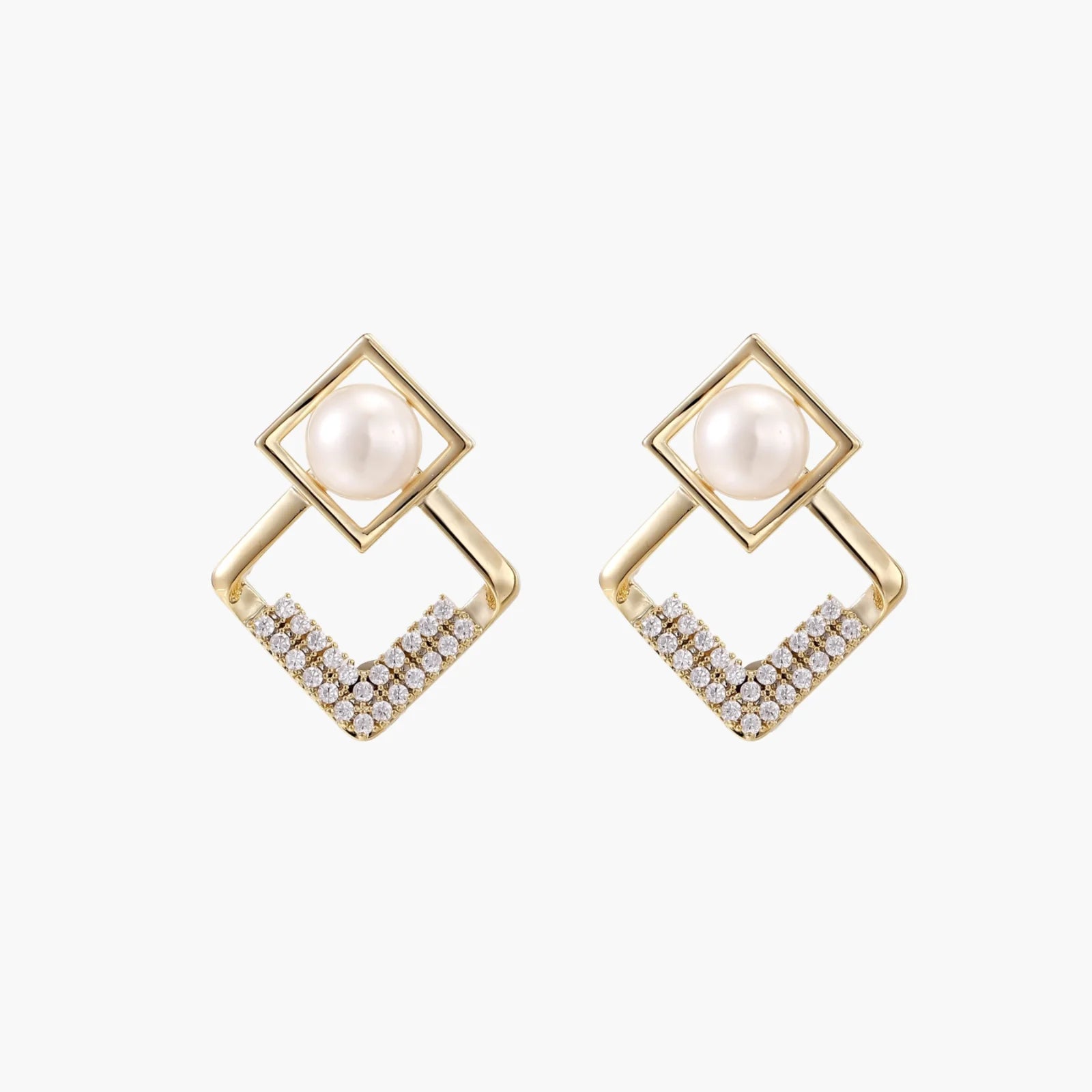 Gold-plated double square frame earrings with freshwater pearl and crystal accents on white background