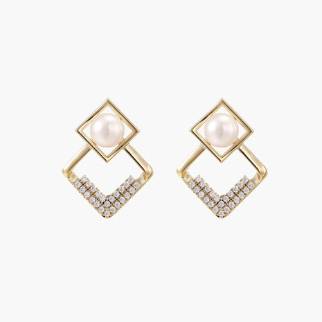 Gold-plated double square frame earrings with freshwater pearl and crystal accents on white background