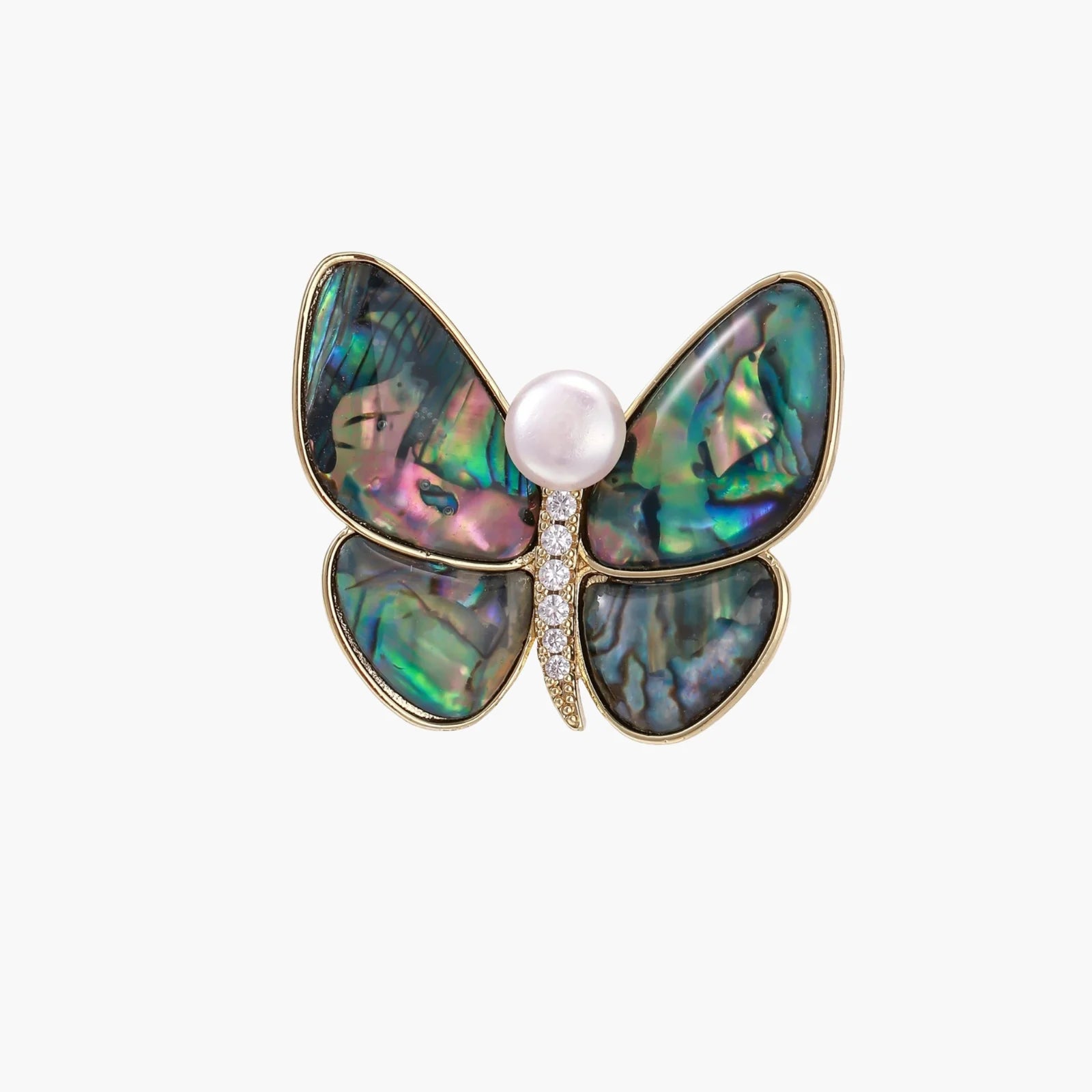 Gold-plated butterfly brooch with iridescent abalone shell wings and freshwater pearl accent on cream background.