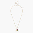 Gold-plated necklace with pink and purple enamel flower pendant featuring crystal accents on cream background