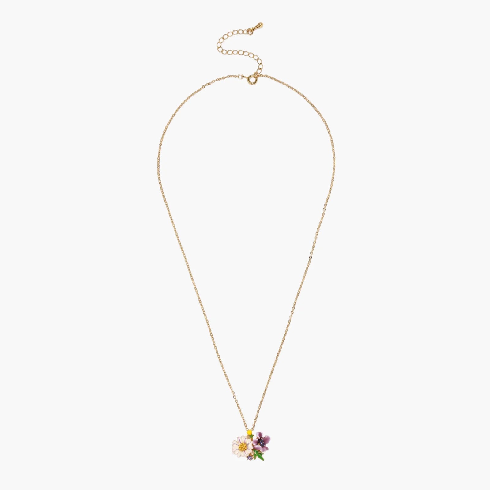 Gold-plated necklace with pink and purple enamel flower pendant featuring crystal accents on cream background