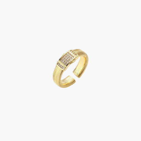 Gold-plated adjustable ring with ribbed band and rectangular pavé cubic zirconia panel on white background.