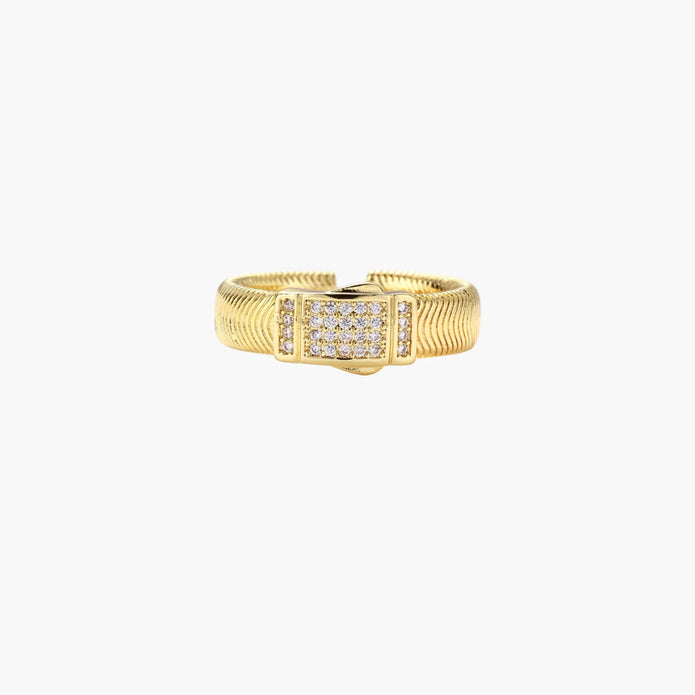 Gold-plated adjustable ring with ribbed band and rectangular pavé cubic zirconia panel on white background.