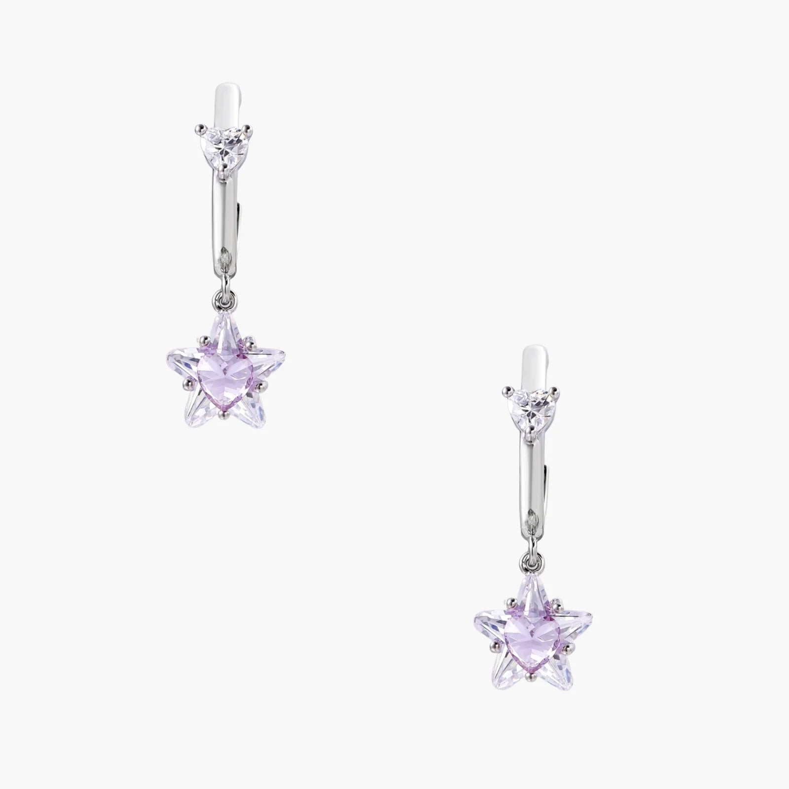 White gold plated huggie earrings with clear CZ accents and dangling lavender star-shaped crystals on cream background