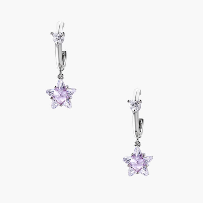White gold plated huggie earrings with clear CZ accents and dangling lavender star-shaped crystals on cream background