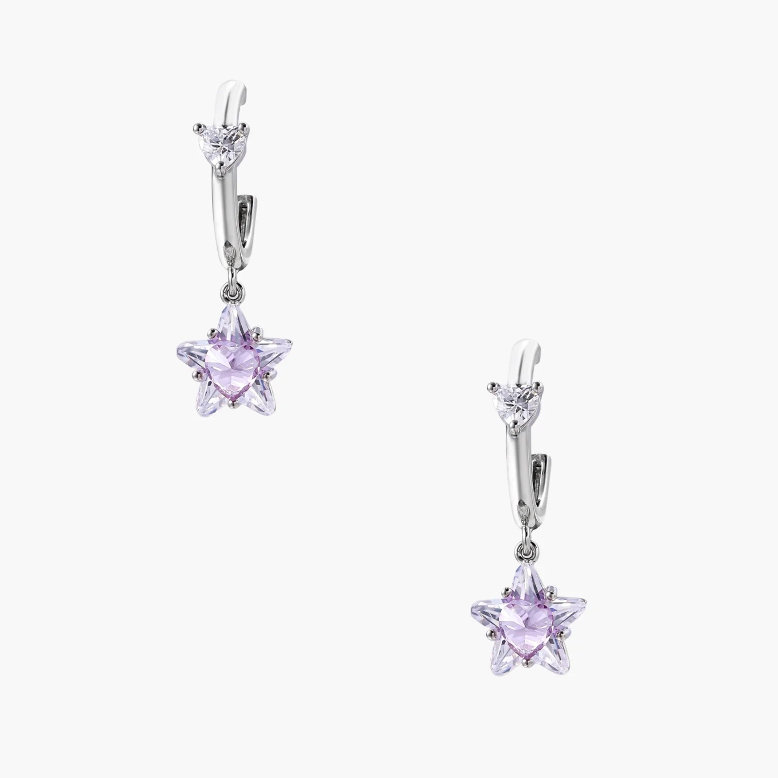 White gold plated huggie earrings with clear CZ accents and dangling lavender star-shaped crystals on cream background