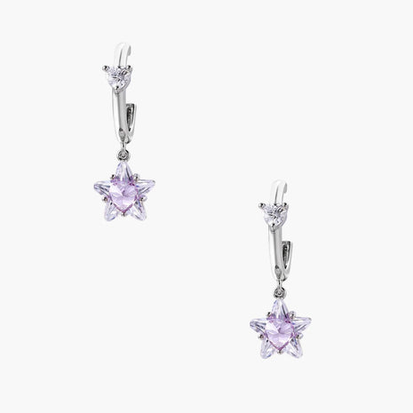 White gold plated huggie earrings with clear CZ accents and dangling lavender star-shaped crystals on cream background