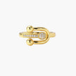 Gold-plated brass ring with safety pin design featuring pavé cubic zirconia stones and dual sphere ends