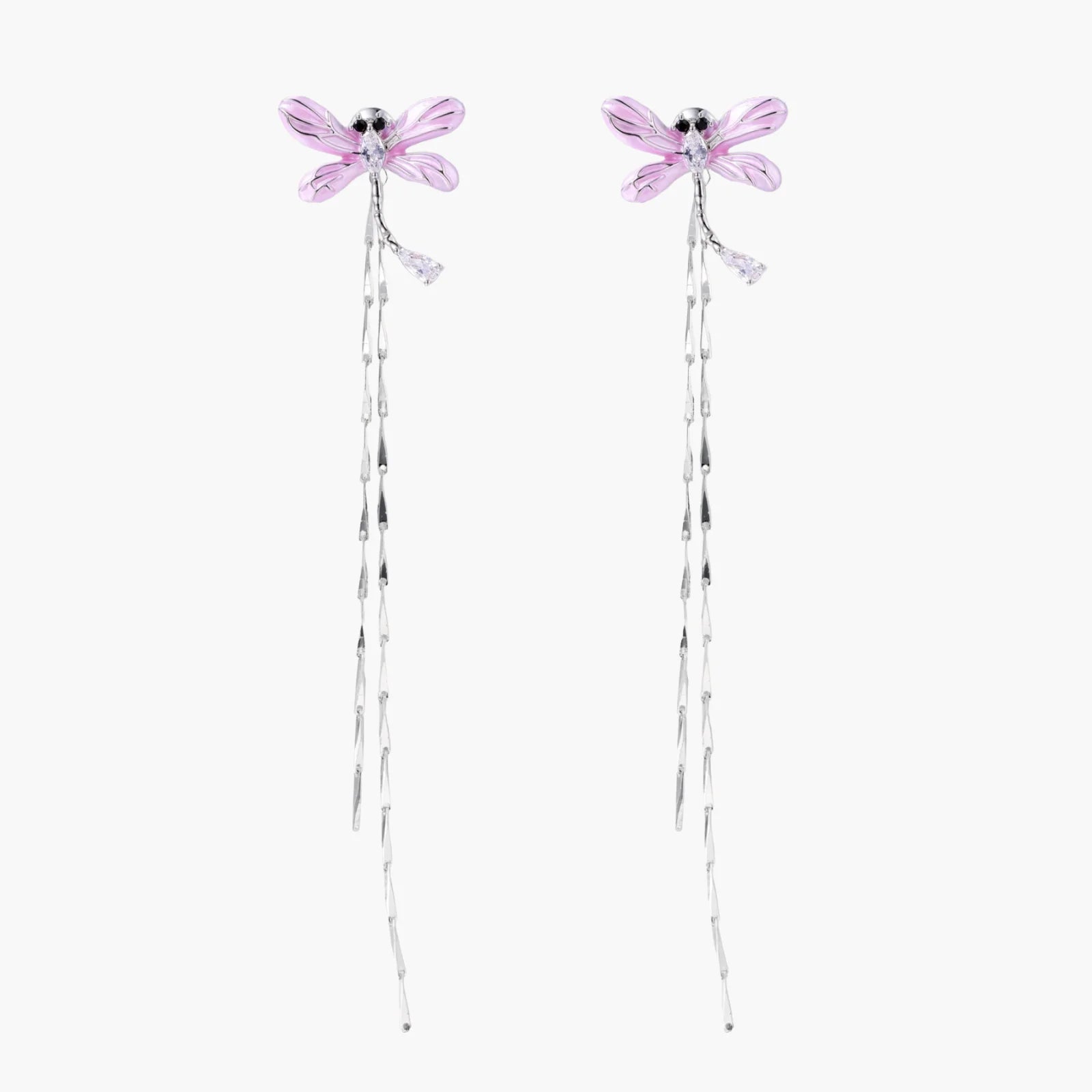 Long drop earrings with translucent lavender enamel dragonfly wings and white gold plated segmented bodies on white background