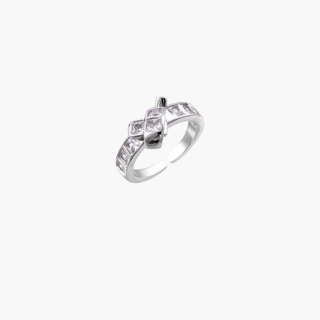 White gold plated adjustable ring featuring offset square cubic zirconia stones in an architectural stacked design