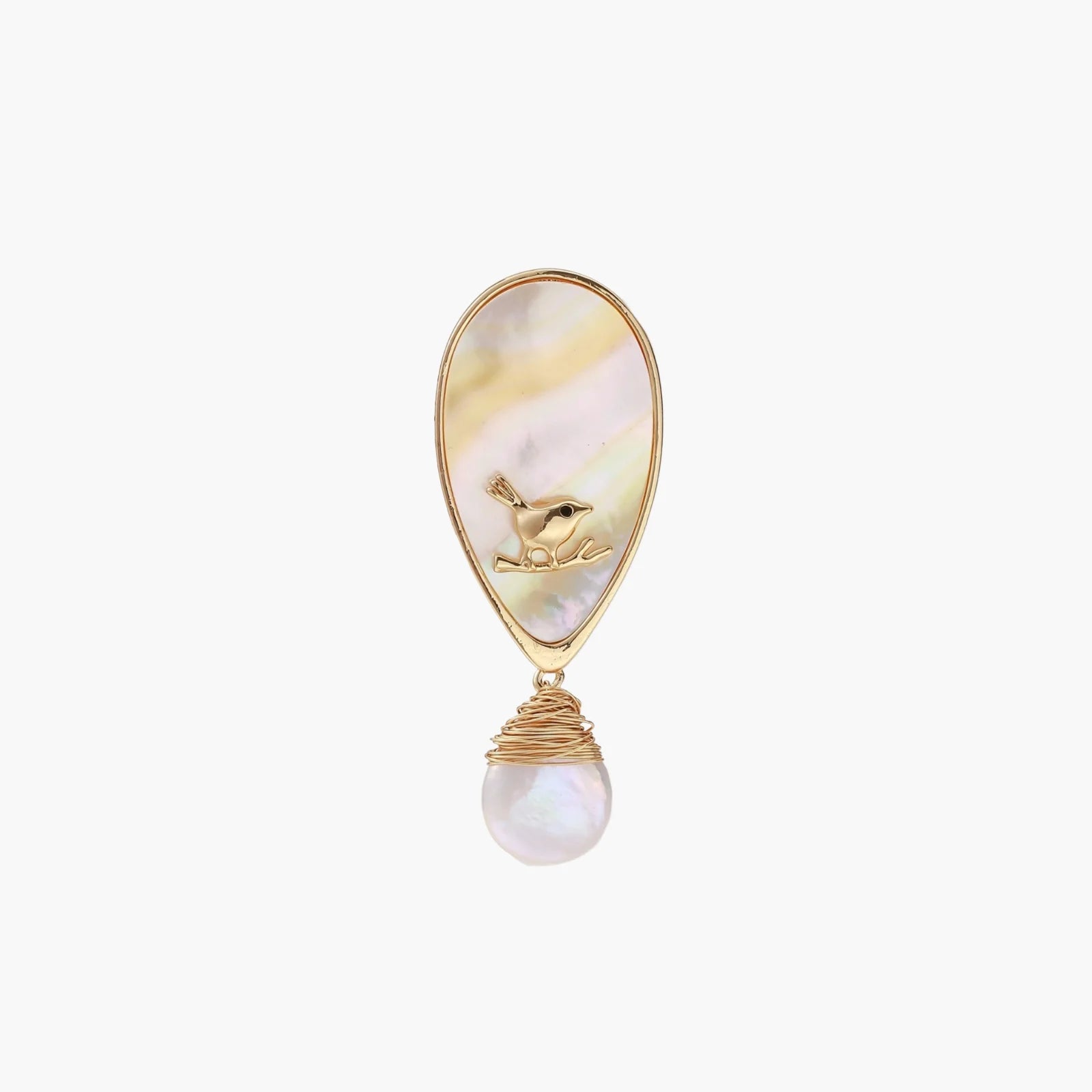 Iridescent shell brooch with gold bird accent and wire-wrapped baroque pearl drop on cream background.