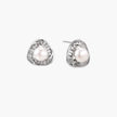 Triangular white gold plated stud earrings with central freshwater pearl and baguette-cut stones on white background