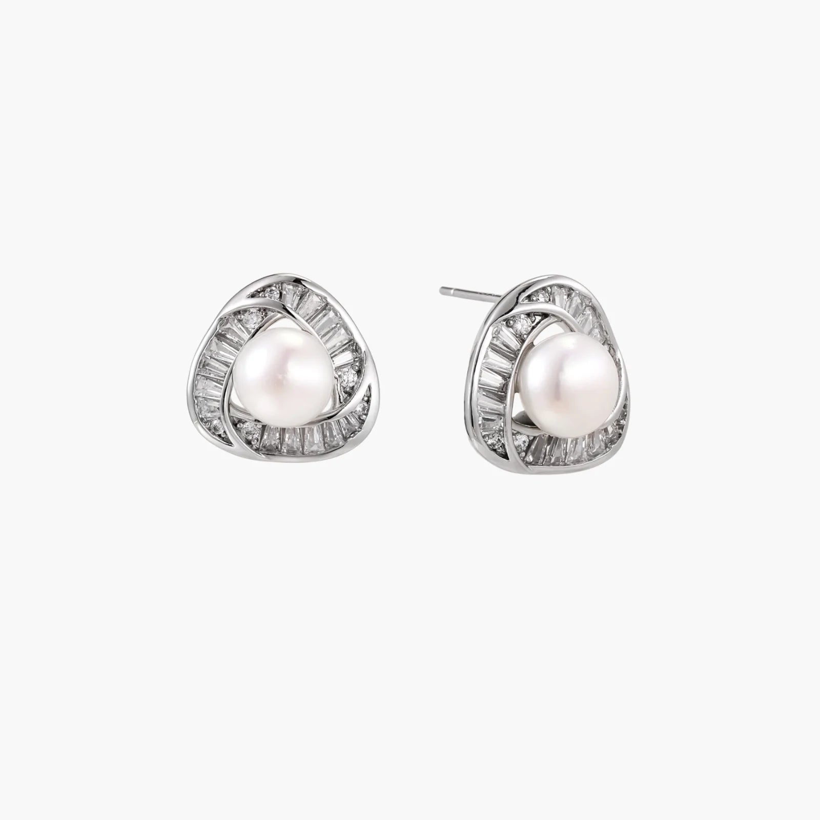 Triangular white gold plated stud earrings with central freshwater pearl and baguette-cut stones on white background