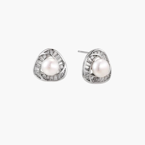 Triangular white gold plated stud earrings with central freshwater pearl and baguette-cut stones on white background