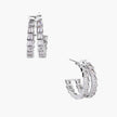 White gold-plated hoop earrings with double row of baguette-cut zirconia stones in geometric ladder design