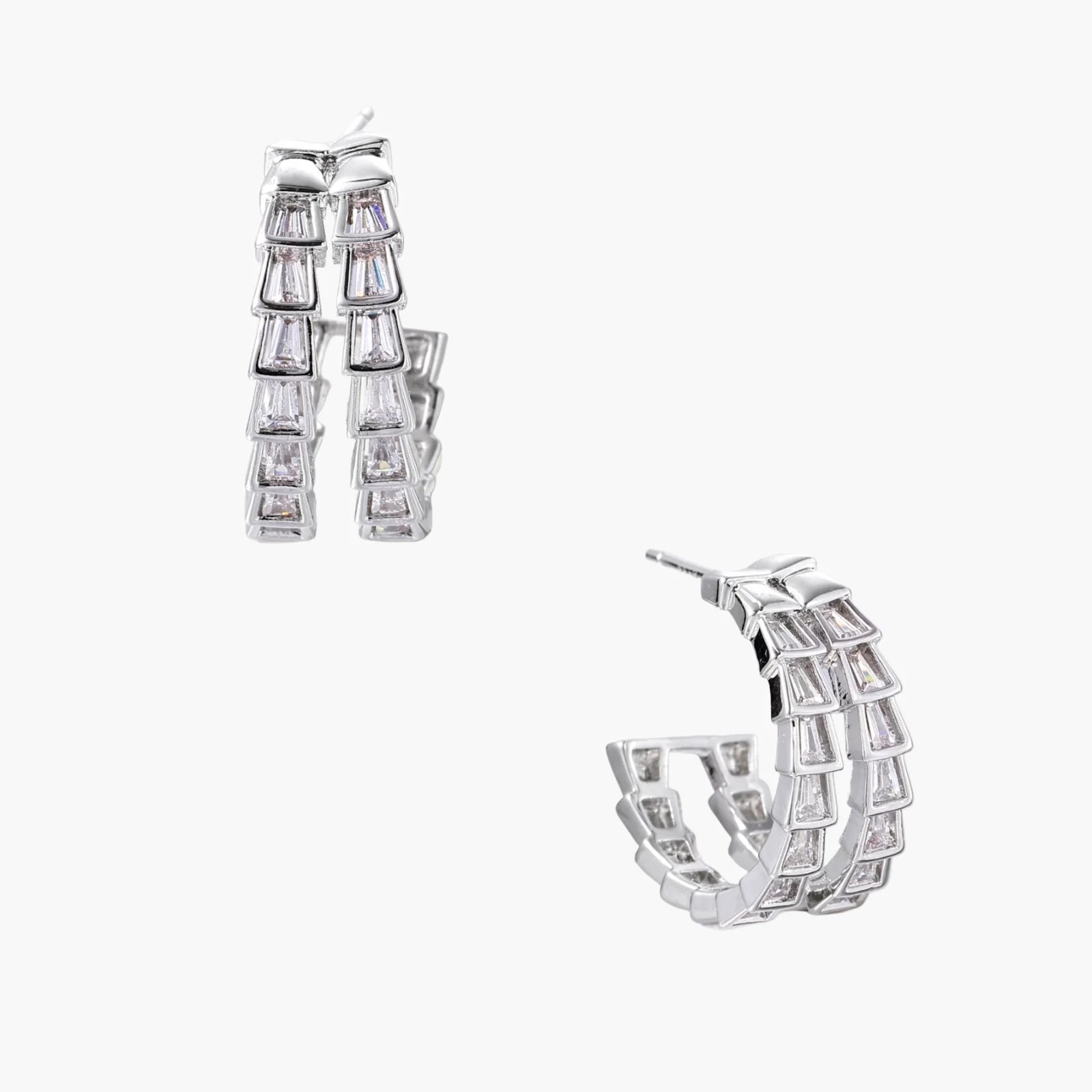 White gold-plated hoop earrings with double row of baguette-cut zirconia stones in geometric ladder design