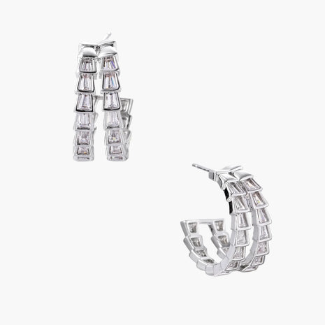 White gold-plated hoop earrings with double row of baguette-cut zirconia stones in geometric ladder design