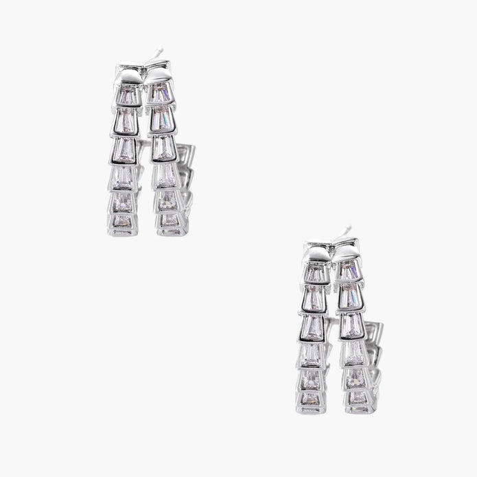White gold-plated hoop earrings with double row of baguette-cut zirconia stones in geometric ladder design