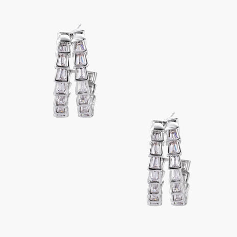 White gold-plated hoop earrings with double row of baguette-cut zirconia stones in geometric ladder design