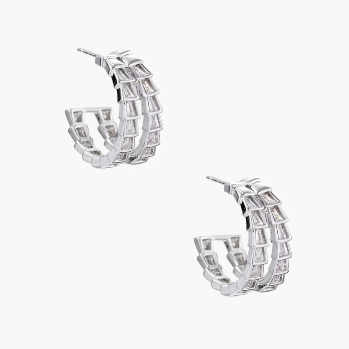 White gold-plated hoop earrings with double row of baguette-cut zirconia stones in geometric ladder design